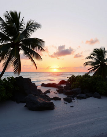 Palm trees on the beach at sunset in the tropics.