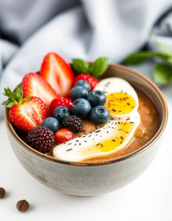 Smoothie bowl with fresh berries and egg yolkの写真素材