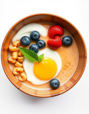 Healthy breakfast with oatmeal, berries and nuts.
