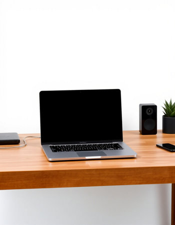 Laptop computer on wooden desk with white wall background, stock photo