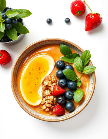 Bowl of yogurt with granola and fresh berries on white background