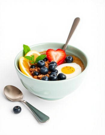 Healthy breakfast bowl with oatmeal, blueberries, strawberriesの写真素材