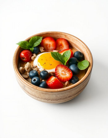 Healthy breakfast - berries and egg in wooden bowlの写真素材