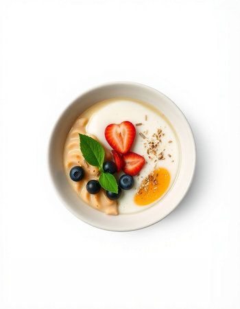 Healthy breakfast with yoghurt and berries on a white backgroundの写真素材