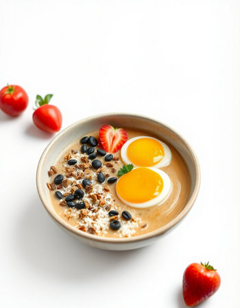 Breakfast with oatmeal, blueberries and strawberries on white backgroundの写真素材