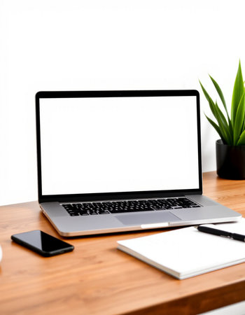 Laptop computer with blank screen on wooden table and white wall background
