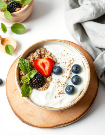 Healthy breakfast with muesli, yogurt and berries on white background