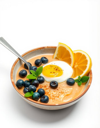 Yogurt with blueberries, lemon and egg on white background