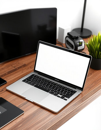 Laptop with blank screen on wooden table. 3d rendering.の写真素材