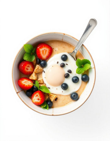 Bowl of porridge with berries and egg isolated on white backgroundの写真素材
