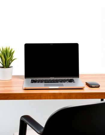 Laptop with blank screen on wooden desk and white wall background.
