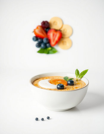 Healthy breakfast. Oatmeal porridge with blueberries and strawberries on white background.の写真素材