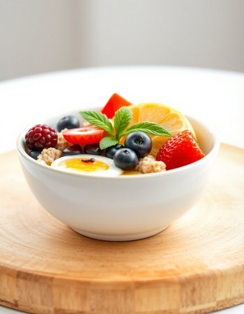 Healthy breakfast with oatmeal, berries and fruit in white bowlの写真素材