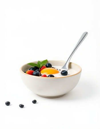 Healthy breakfast with yogurt and fresh berries on a white background.