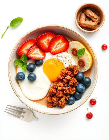 Healthy breakfast with omelet, berries and yogurt on white background