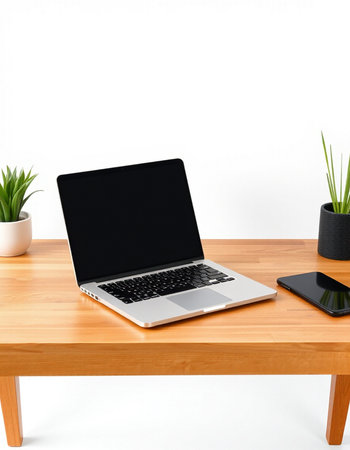 Laptop with blank screen on wooden table. 3d rendering.の写真素材