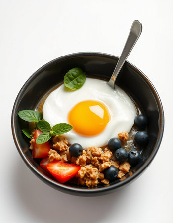 Bowl with tasty oatmeal and fried egg on white background, closeupの写真素材