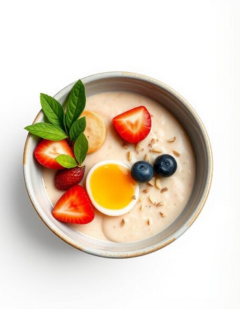 Oatmeal porridge with strawberries and blueberries in a bowl isolated on white background