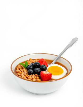 Bowl of oatmeal with beans, black olives and egg