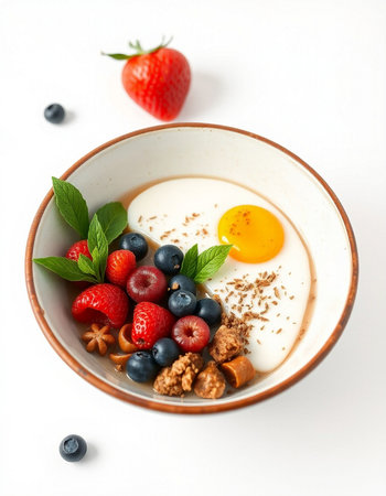 Healthy breakfast with yoghurt, berries and nuts on white backgroundの写真素材