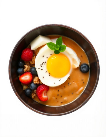 Healthy breakfast with oatmeal, berries and egg on white background