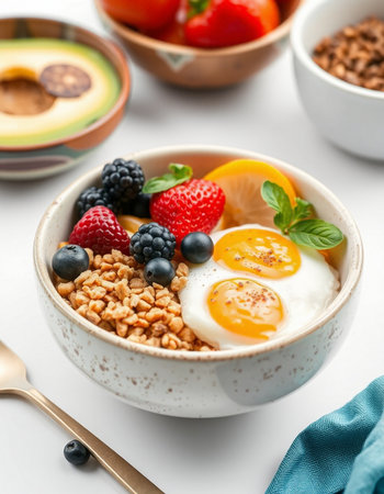 Healthy breakfast bowl with oatmeal, berries and egg on white background
