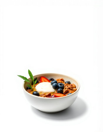 bowl of muesli with yogurt and berries isolated on white backgroundの写真素材