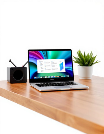 Laptop on wood desk with speaker and plant on white background.