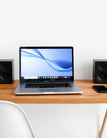 Laptop on wooden desk with speaker system on white wall background.