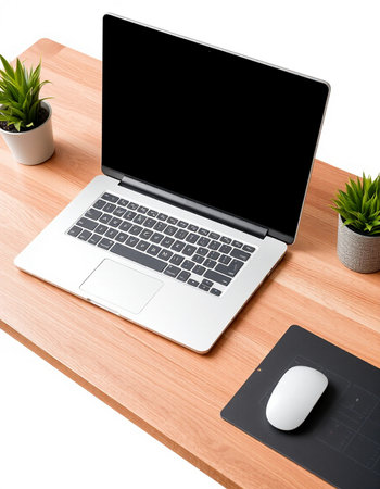 Laptop with blank screen on wooden desk. 3d rendering.