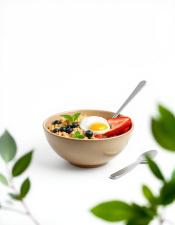 Healthy breakfast with muesli, fresh berries and egg on white backgroundの写真素材