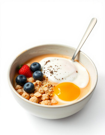Breakfast bowl with oatmeal and berries isolated on white backgroundの写真素材