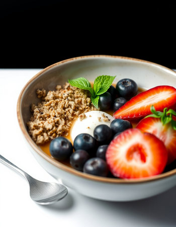 Bowl of muesli with fresh berries and yogurt on white tableの写真素材