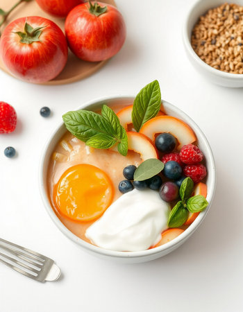 Healthy breakfast bowl with oatmeal, yogurt, berries and fruits