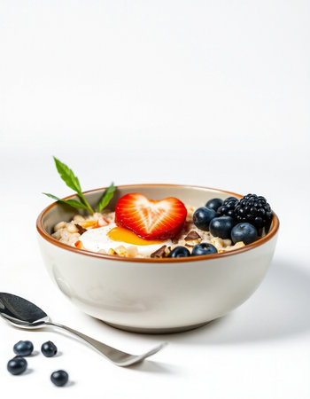 Healthy breakfast with oatmeal, berries and egg on white backgroundの写真素材