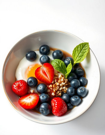 Yogurt with fresh berries in a bowl on a white backgroundの写真素材