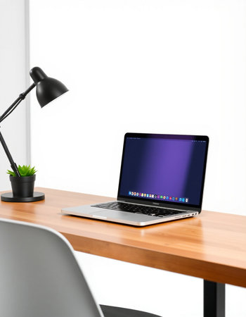 Laptop on wooden table in office. 3d rendering. Computer generated image.