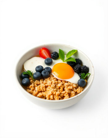 Breakfast with muesli, berries and egg on white background