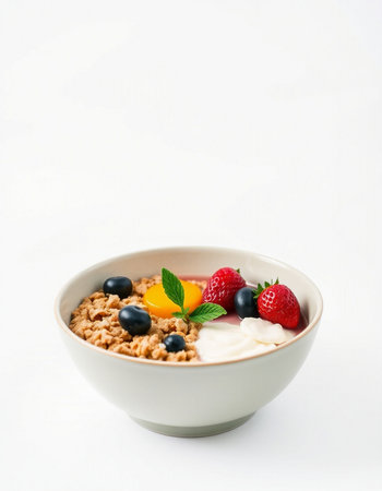 bowl of muesli with fresh berries and yogurt on white backgroundの写真素材