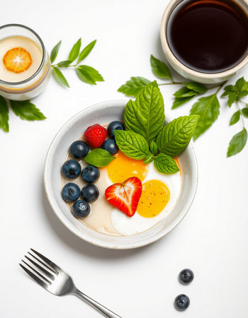 Healthy breakfast with fried eggs, berries and a cup of coffee