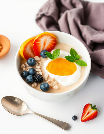 Healthy breakfast bowl with oatmeal, berries and eggの写真素材