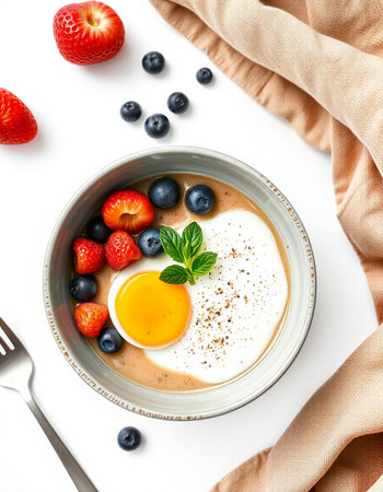 Greek yogurt with fresh berries and egg yolk on white background, top view