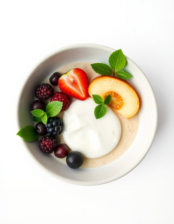 bowl of yoghurt with fruits and berries isolated on white backgroundの写真素材