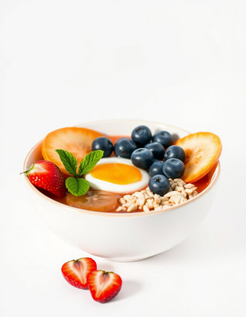 Healthy breakfast bowl with oatmeal, fresh berries and soft boiled egg