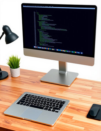 Computer monitor with program code on the screen. 3d rendering.