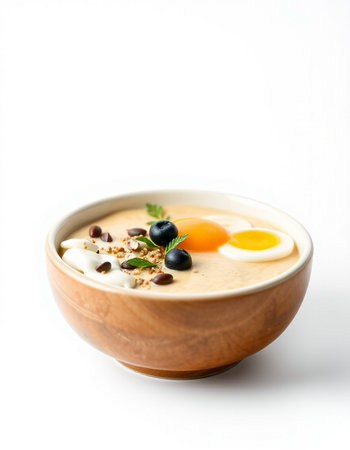 Bowl of greek yogurt soup with egg and black olives