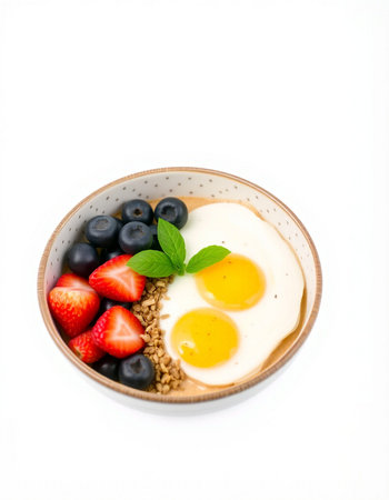 Healthy breakfast with eggs and fresh berries on white backgroundの写真素材
