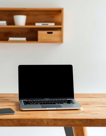 Laptop with blank screen on wooden table in modern living room interior