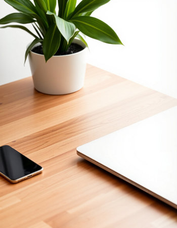 Laptop and smartphone on a wooden table with a potted plantの写真素材
