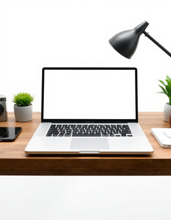 Close up of modern designer desktop with blank white laptop screen, coffee cup and other items. Mock...